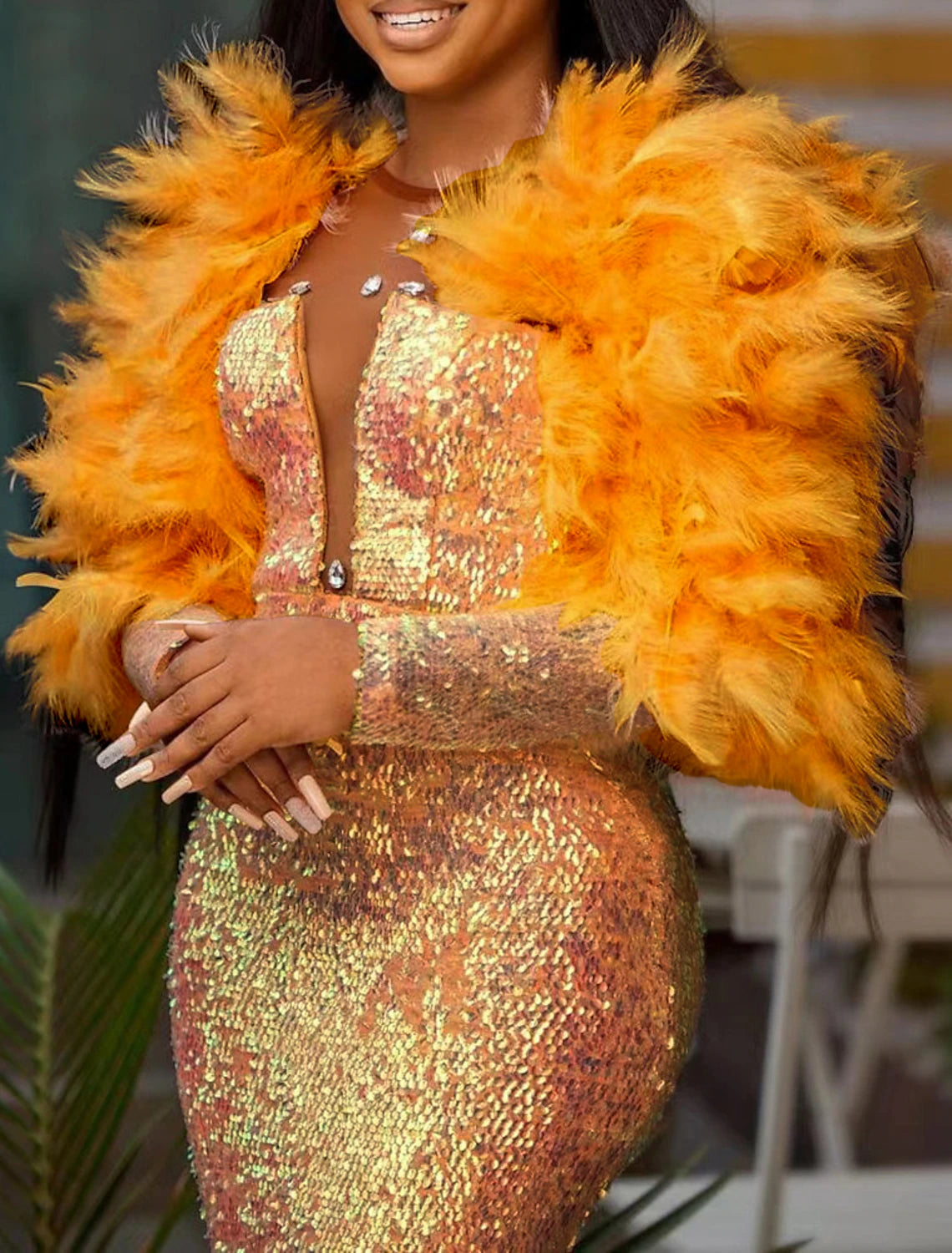 Wholesale Mermaid / Trumpet Evening Gown Sparkle & Shine Dress Carnival Christmas Floor Length Long Sleeve V Neck Sequined with Feather Crystals